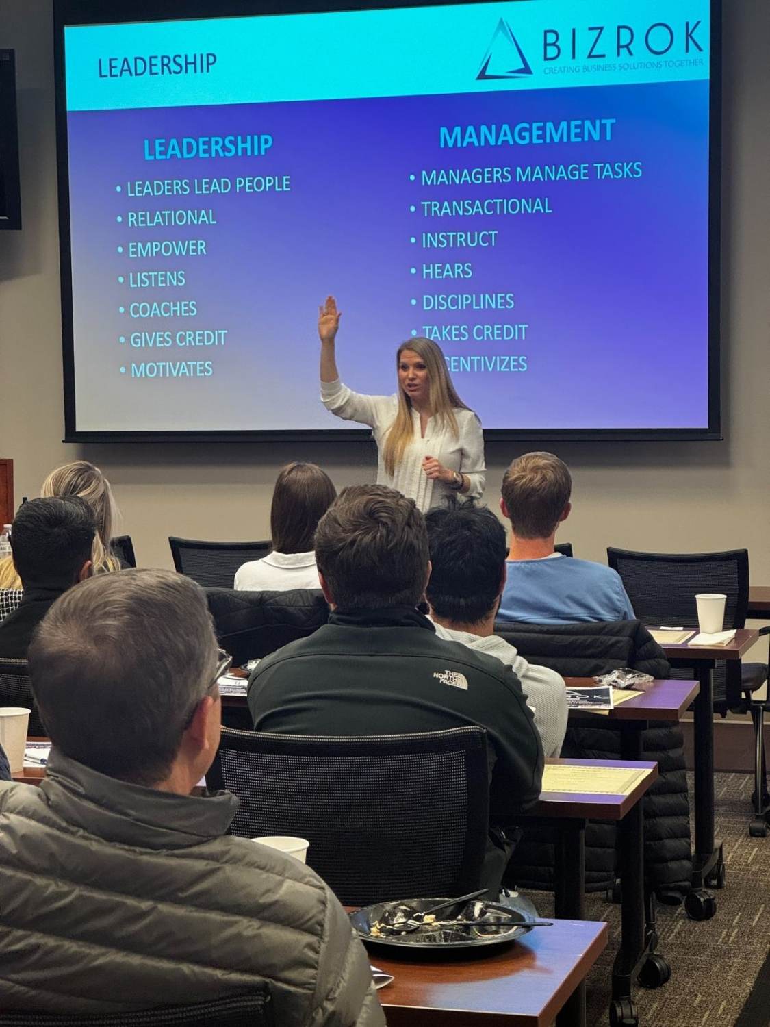 BIZROK trainer presenting a leadership versus management workshop